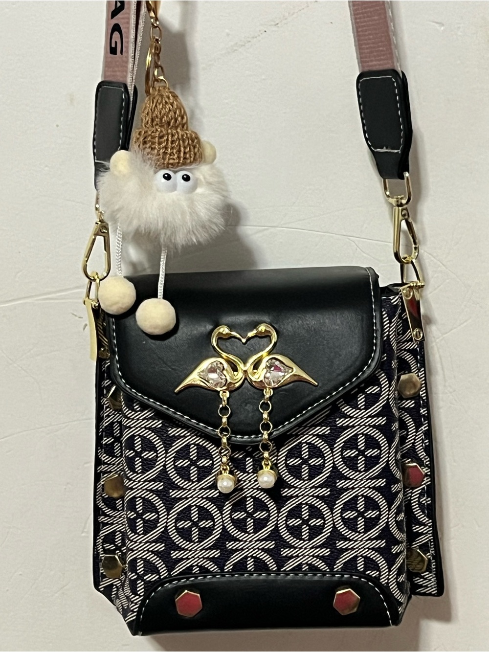 Black Patterned Crossbody Bag with Gold Heart & Pearl Details